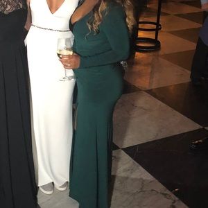 Emerald green dress black lace v neck front slit